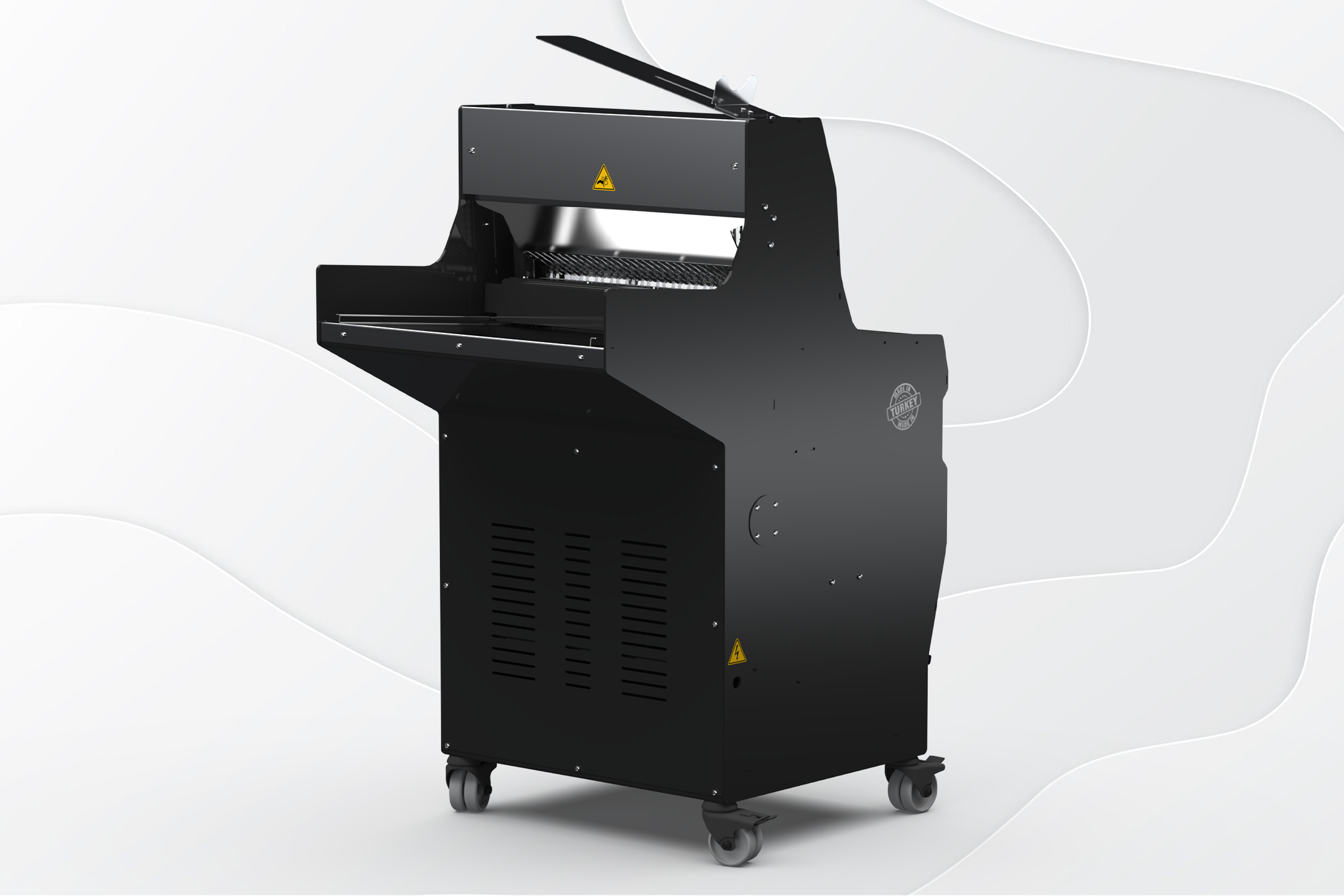 Entegre tam otomatik ekmek dilimleme ve paketleme bandı sisteminin yakın çekim görüntüsü