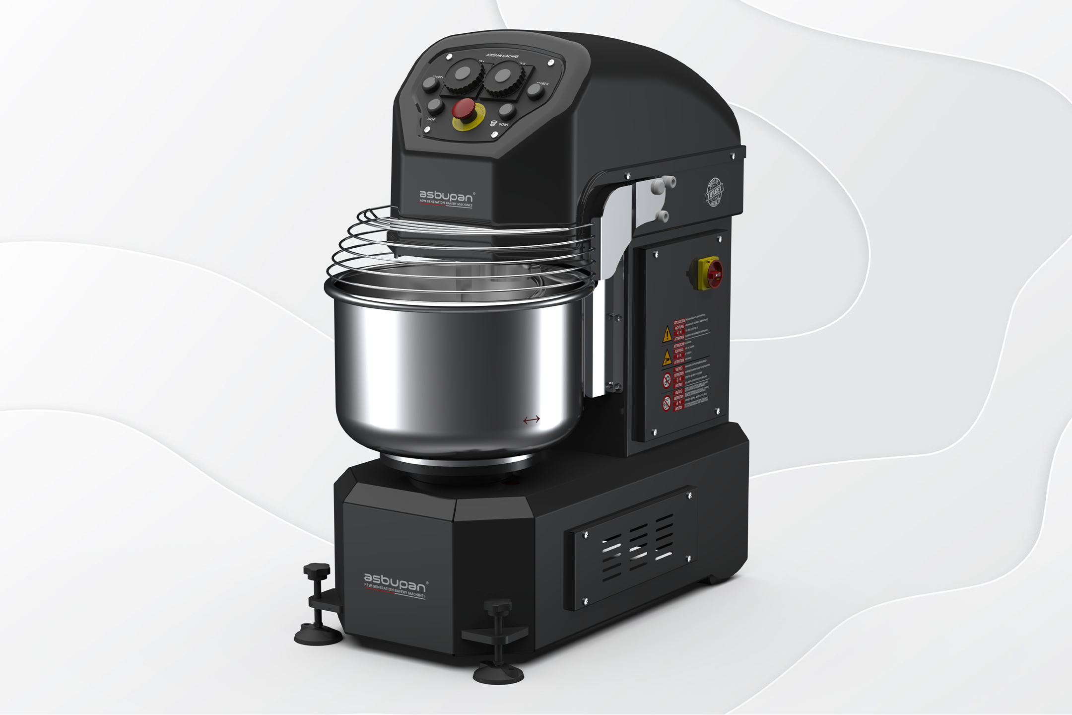 İki kademeli hız ayarı ve acil durdurma düğmesi bulunan paslanmaz çelik spiral mikser