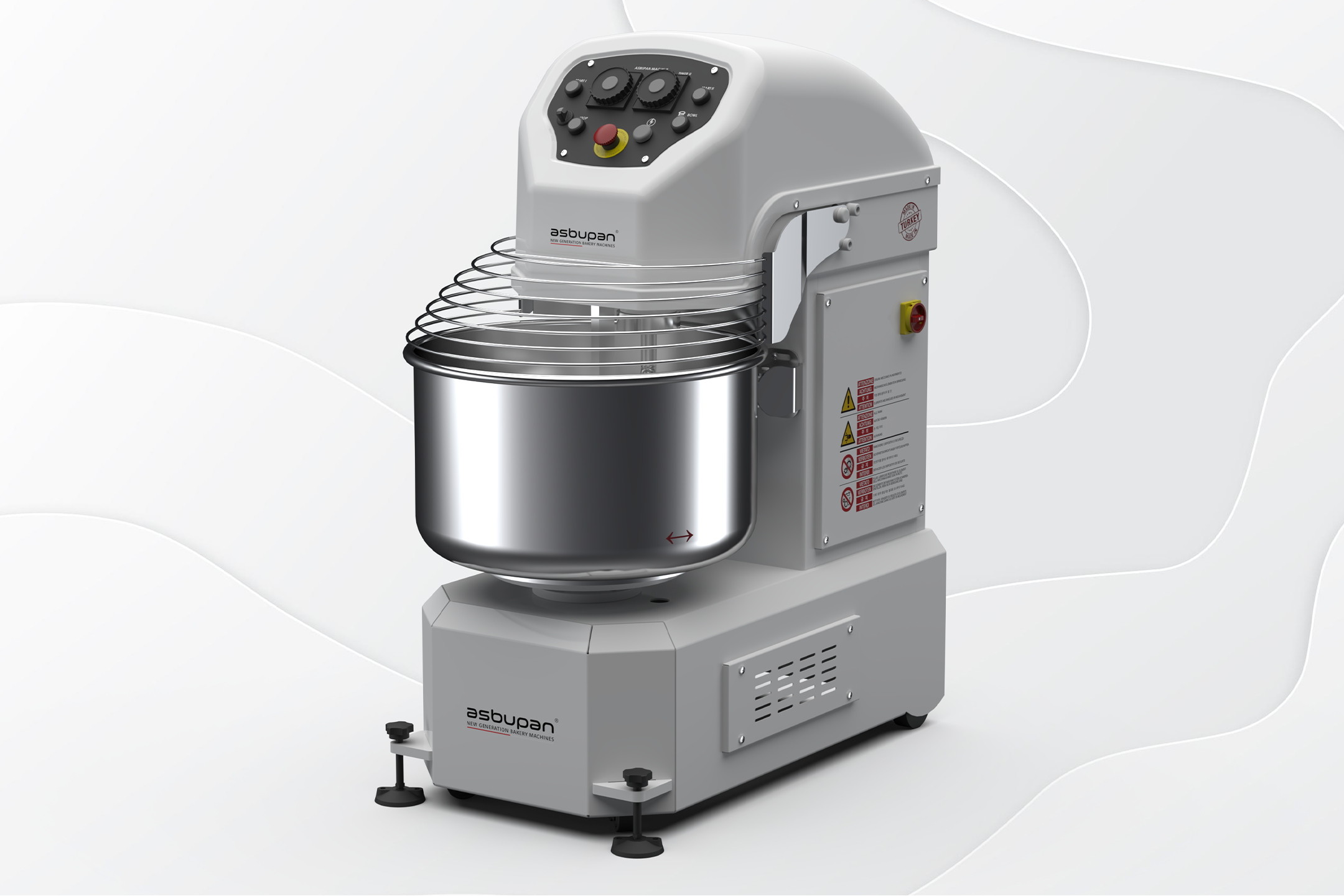 Büyük fırınlar için tasarlanmış, 25 kg un kapasiteli çift hızlı spiral hamur yoğurma makinesi