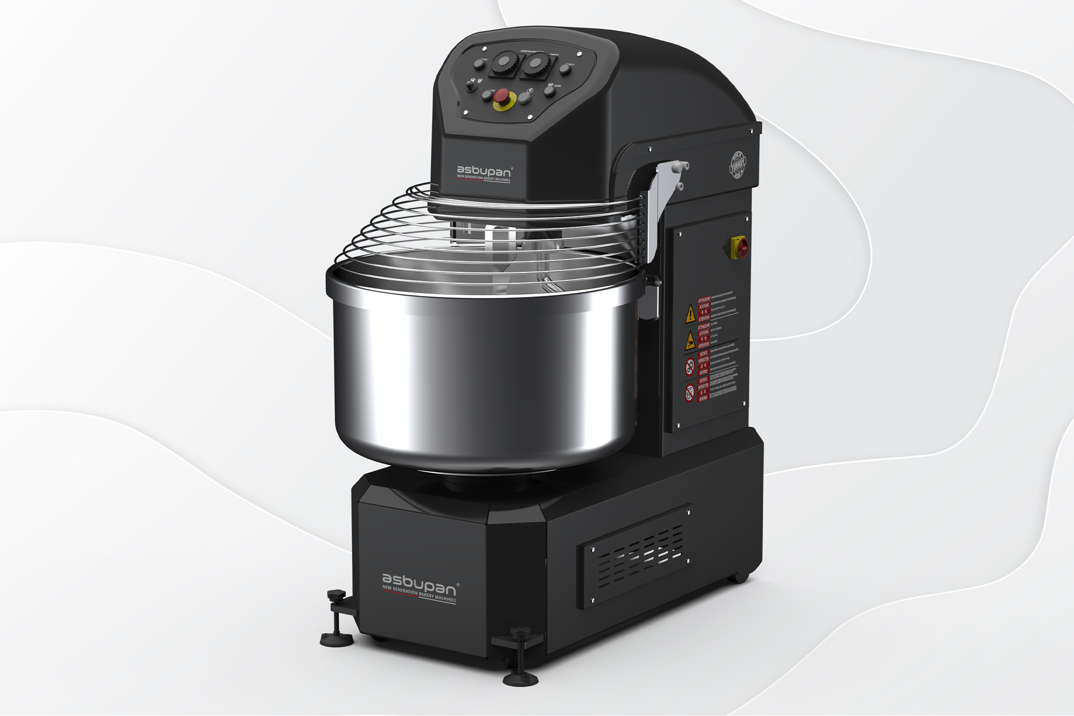 İki kademeli hız ayarı ve acil durdurma düğmesi bulunan paslanmaz çelik spiral mikser