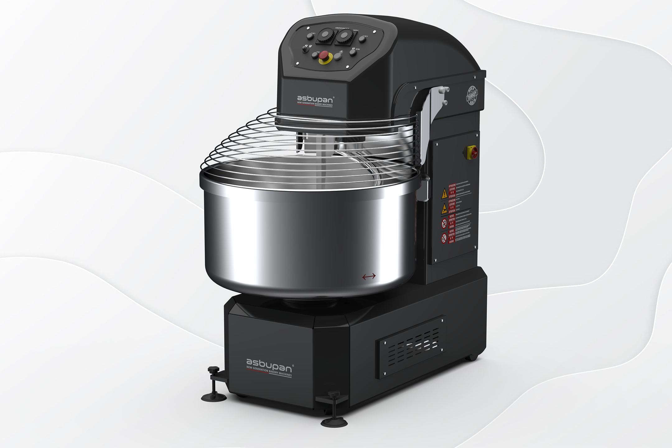 İki kademeli hız ayarı ve acil durdurma düğmesi bulunan paslanmaz çelik spiral mikser